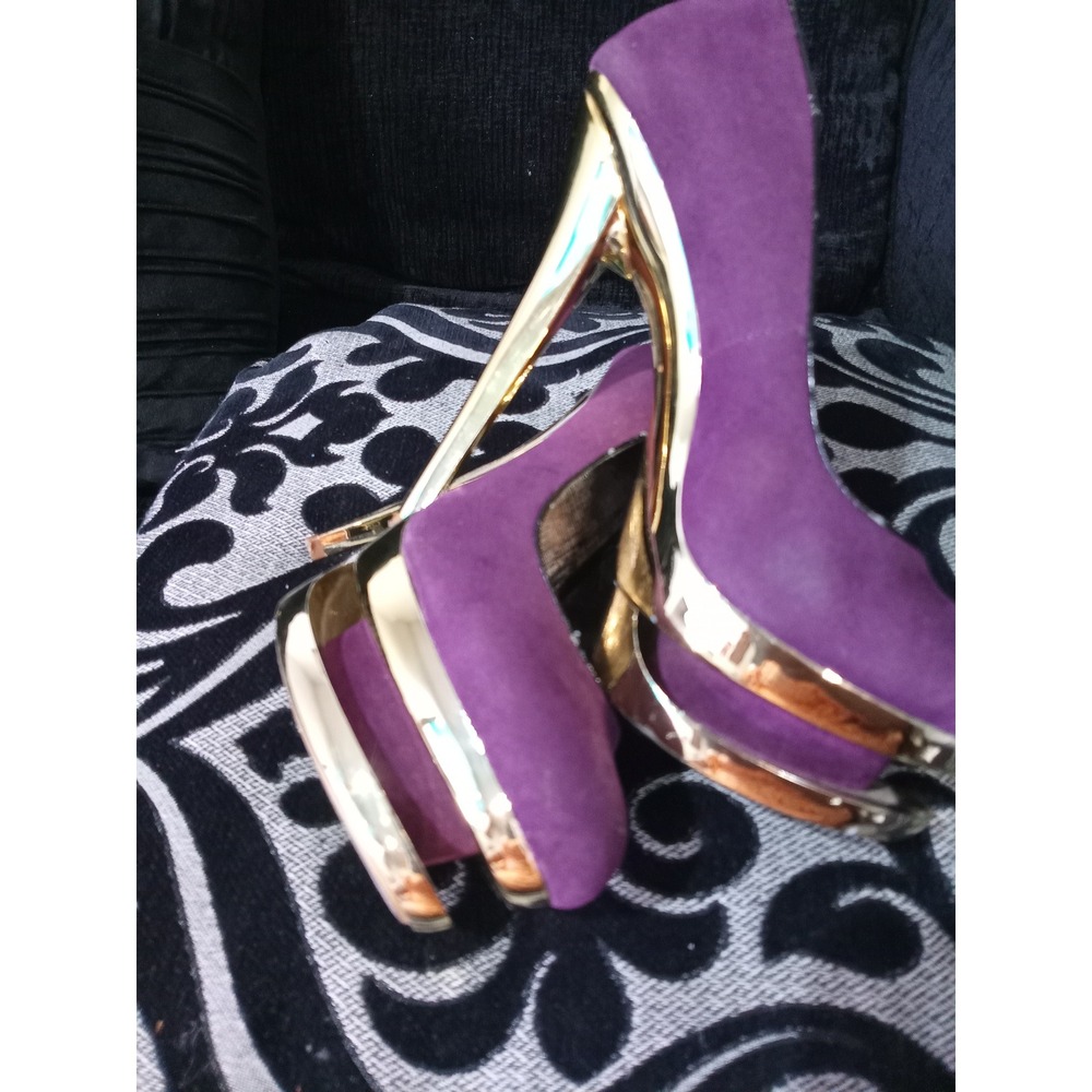 Liliana Purple Faux Suede Gold Metallic Double Platform Stiletto Pumps Heels